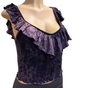 Boho / Goth Shirring Ruffled V- neck Tie- Dye Top - by American Eagle